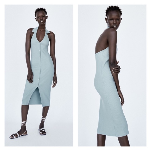 ZARA Light Blue Ribbed Halter Neck Button Front Bodycon Midi Dress Medium NWT - Picture 1 of 11